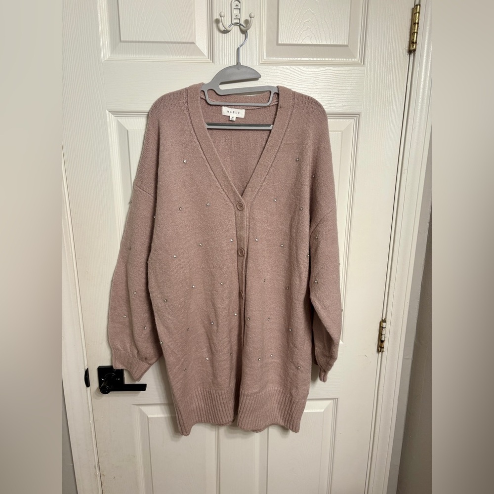 Cardigan Sweater Dress with Rhinestone Embellishments